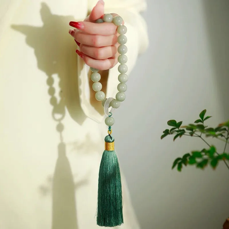 Bracelets - Green Jade Stone 12mm Beads Tassel